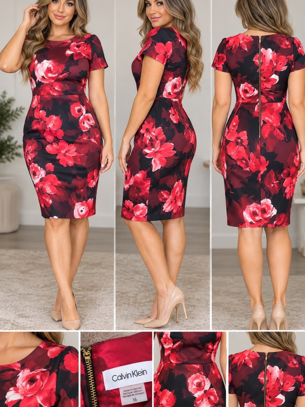 Calvin Klein Red and Black Floral Midi Dress